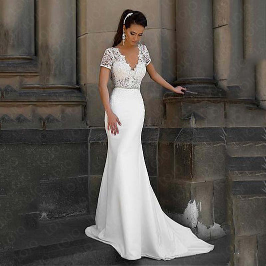 Short Sleeves Illusion V-neck Bridal Gown