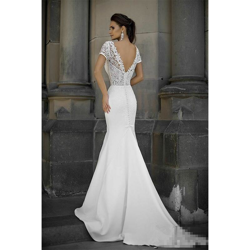 Short Sleeves Illusion V-neck Bridal Gown