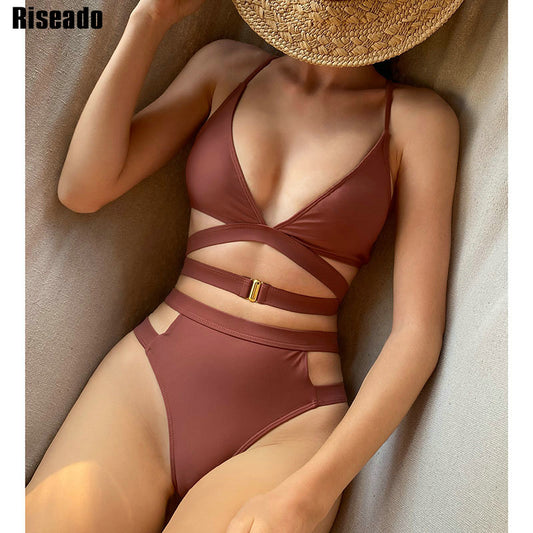 High Waist Women Bikini Sexy Cut Out Swimsuit Solid Swimwear