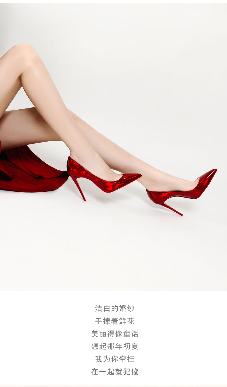 Women Pumps Genuine Leather Red Shiny Wedding Shoes