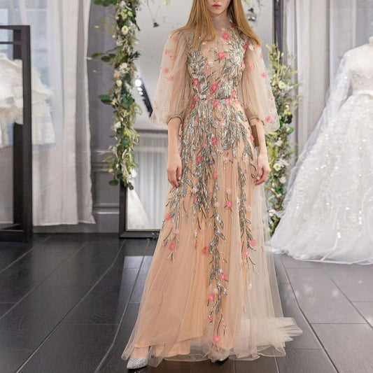 Champagne Prom Dress High Neck Floral Print Dress Sequins Beaded