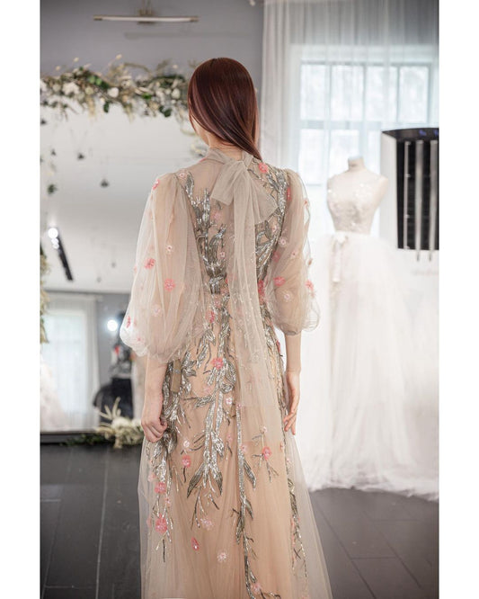 Champagne Prom Dress High Neck Floral Print Dress Sequins Beaded