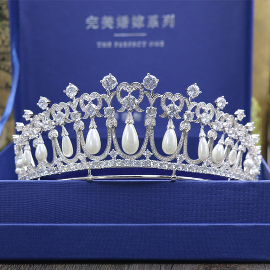 ロイヤルラグジュアリーパールジルコンクラウンティアラブライダルウェディングヘアジュエリー