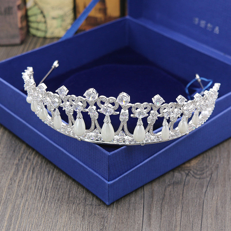 Royal Luxury Pearl Zircon Crown Tiara Bridal Wedding Hair Jewelry