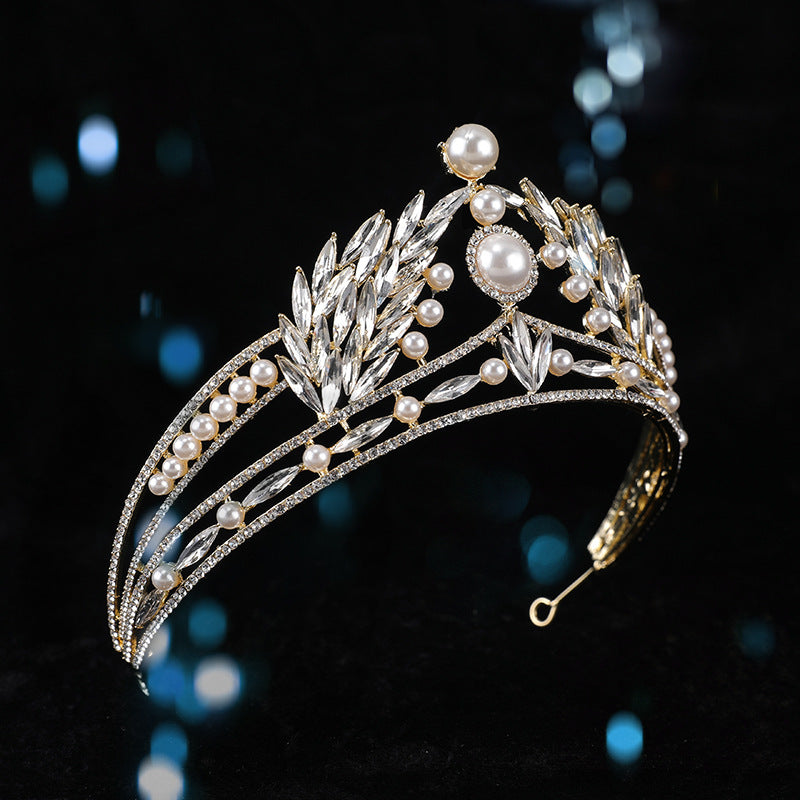 Luxury Gold Wedding Tiaras White Pearl Lolita Headdress Women