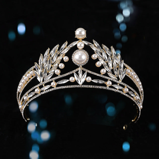 Luxury Gold Wedding Tiaras White Pearl Lolita Headdress Women