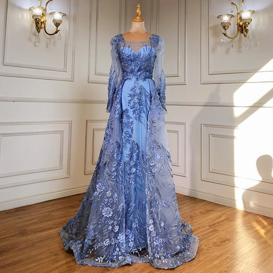 Muslim Luxury Blue Evening Dresses Gowns Long Sleeves