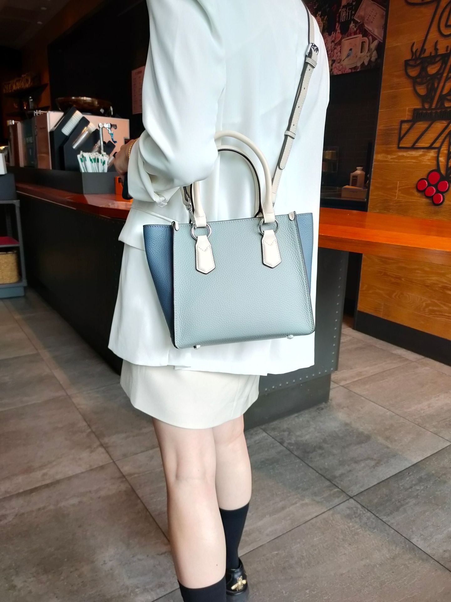 Hit Color Blue Large Office Girl Trapeze Tote Thick Cowhide Leather Women