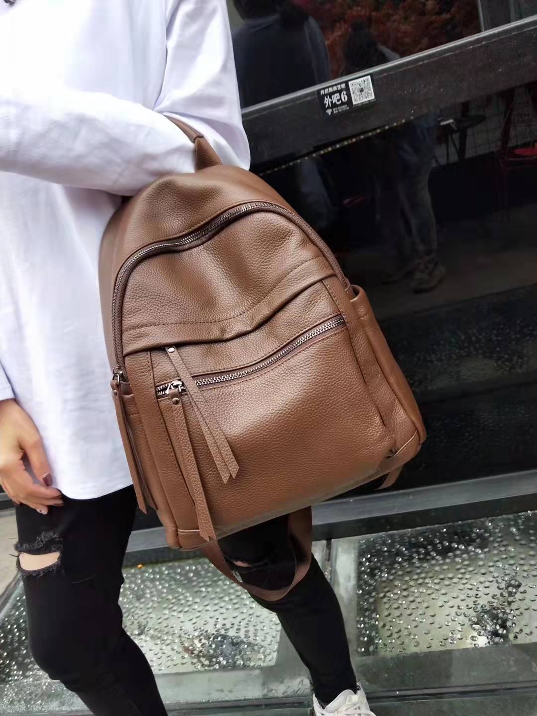 Caramel Real Genuine Leather Backpack Women Simple Fashion