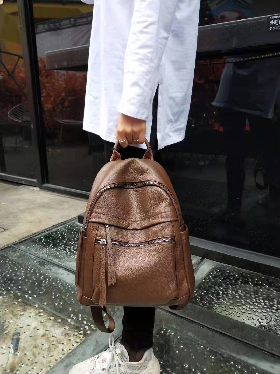 Caramel Real Genuine Leather Backpack Women Simple Fashion