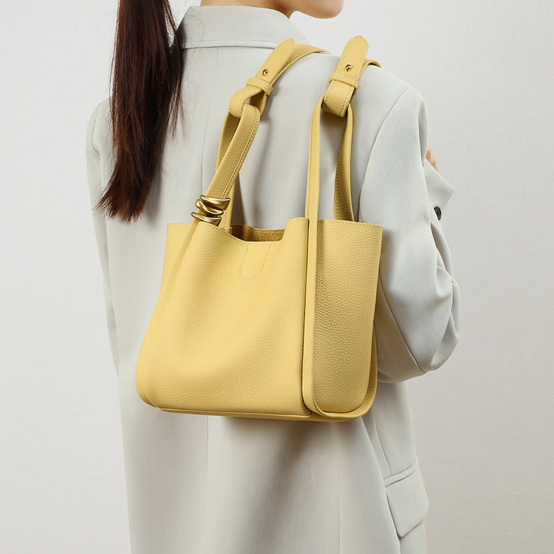 Yellow Bucket Tote Bag Brand Designer Fashion Cowhide Leather Women