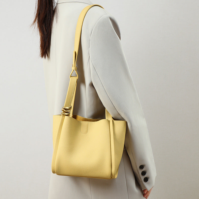 Yellow Bucket Tote Bag Brand Designer Fashion Cowhide Leather Women