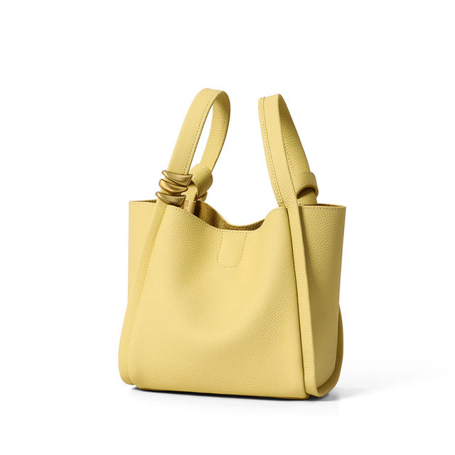 Yellow Bucket Tote Bag Brand Designer Fashion Cowhide Leather Women