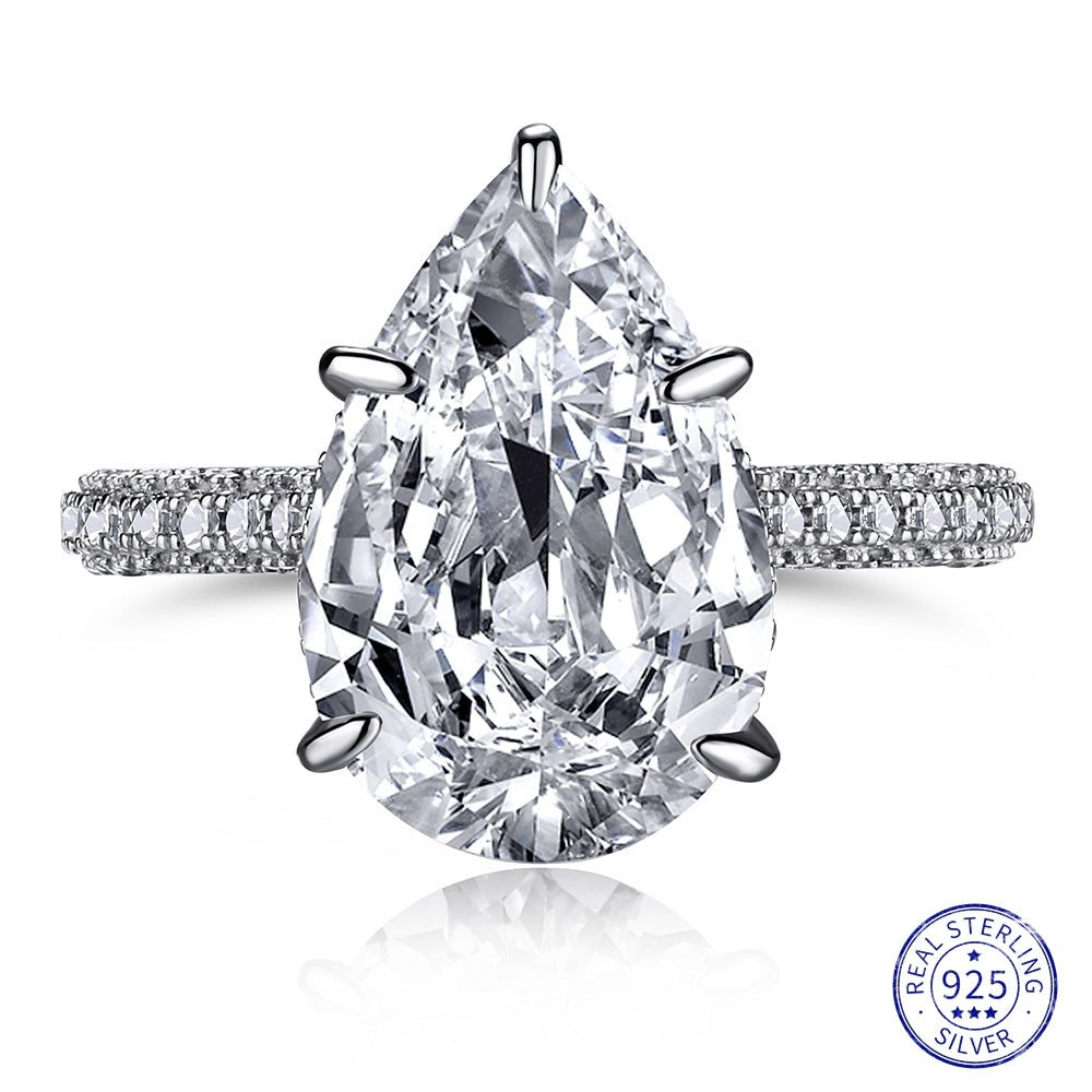 Silver Oval Pear Cut White Sapphire Created Moissanite Ring
