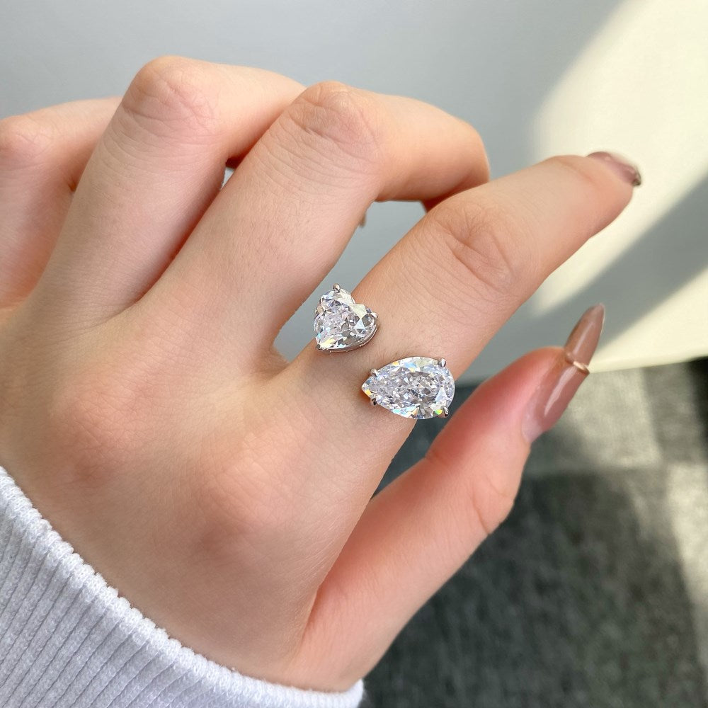 シルバー クラッシュド アイス ラディアント カット ハート ペア ジェムストーン リング