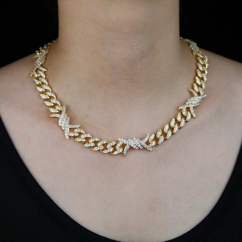 Gold Plated Cubic Zirconia Cuban Link Chain Choker Necklace
