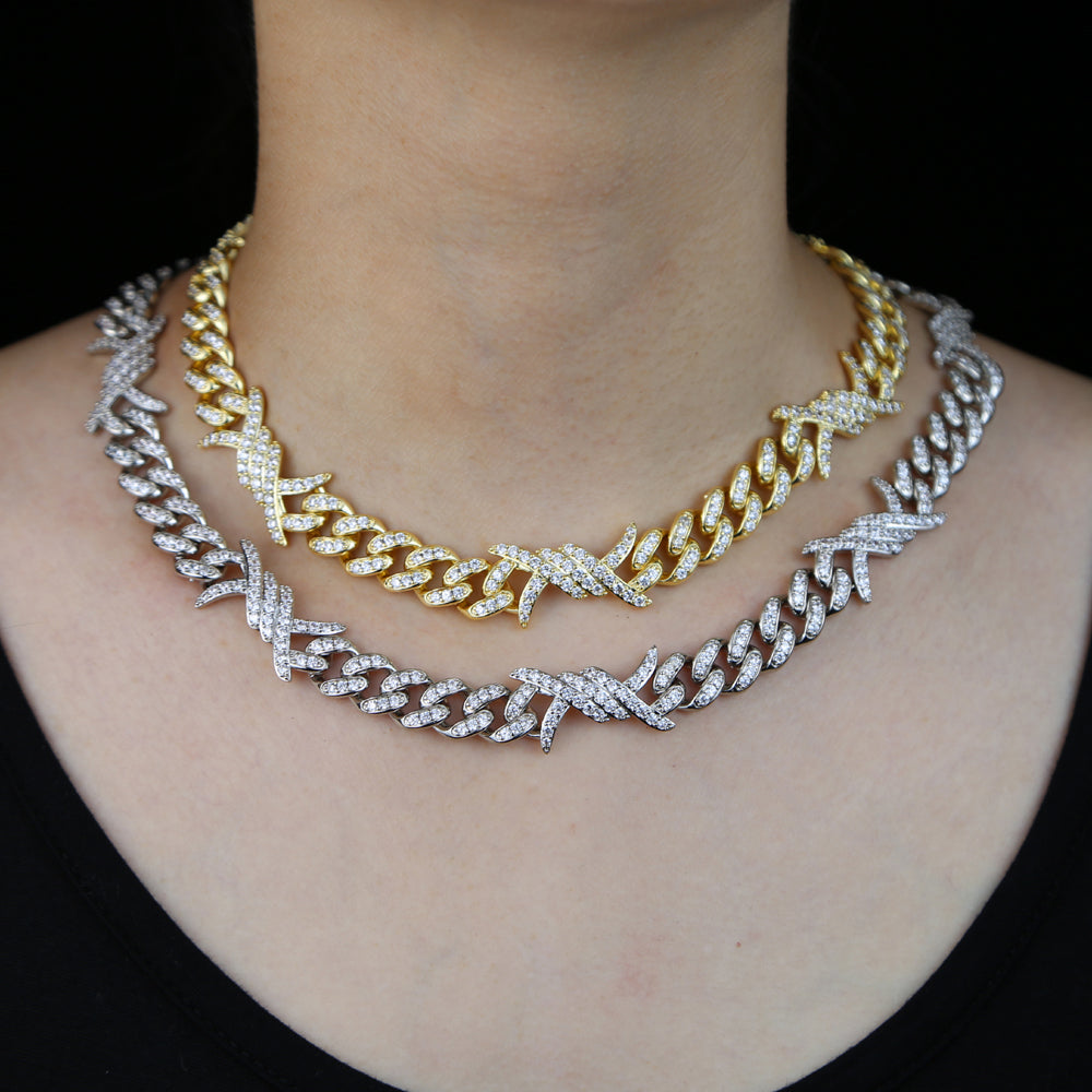 Gold Plated Cubic Zirconia Cuban Link Chain Choker Necklace
