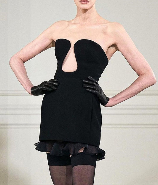 Sexy Strapless V-Neck Ruffle Skinny Mini Bandage Dress