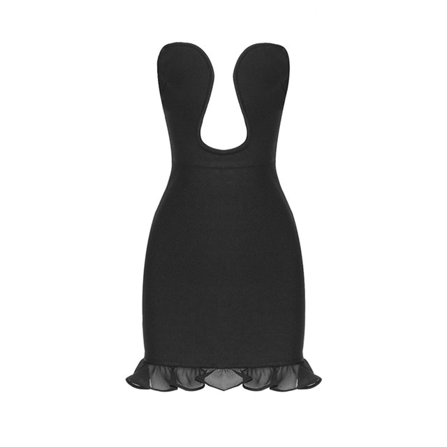 Sexy Strapless V-Neck Ruffle Skinny Mini Bandage Dress