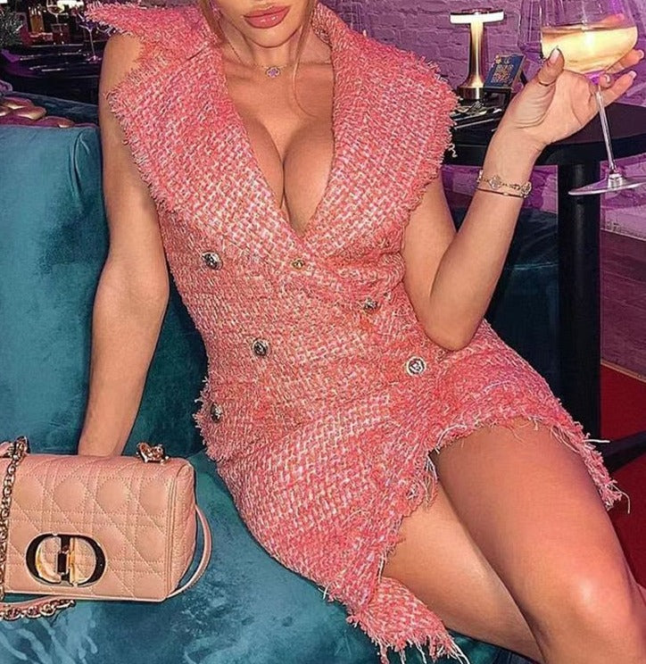 Sleeveless Lapel Gold Button Sexy Skinny Tweed Dress