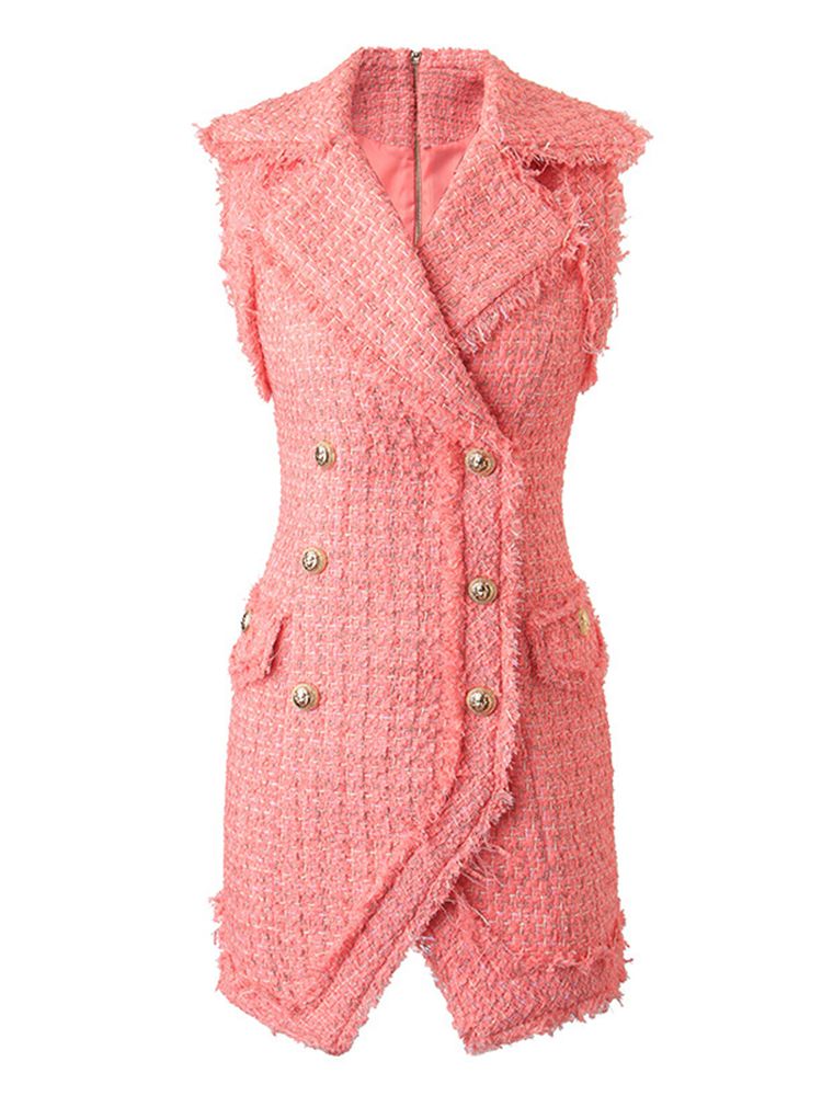 Sleeveless Lapel Gold Button Sexy Skinny Tweed Dress