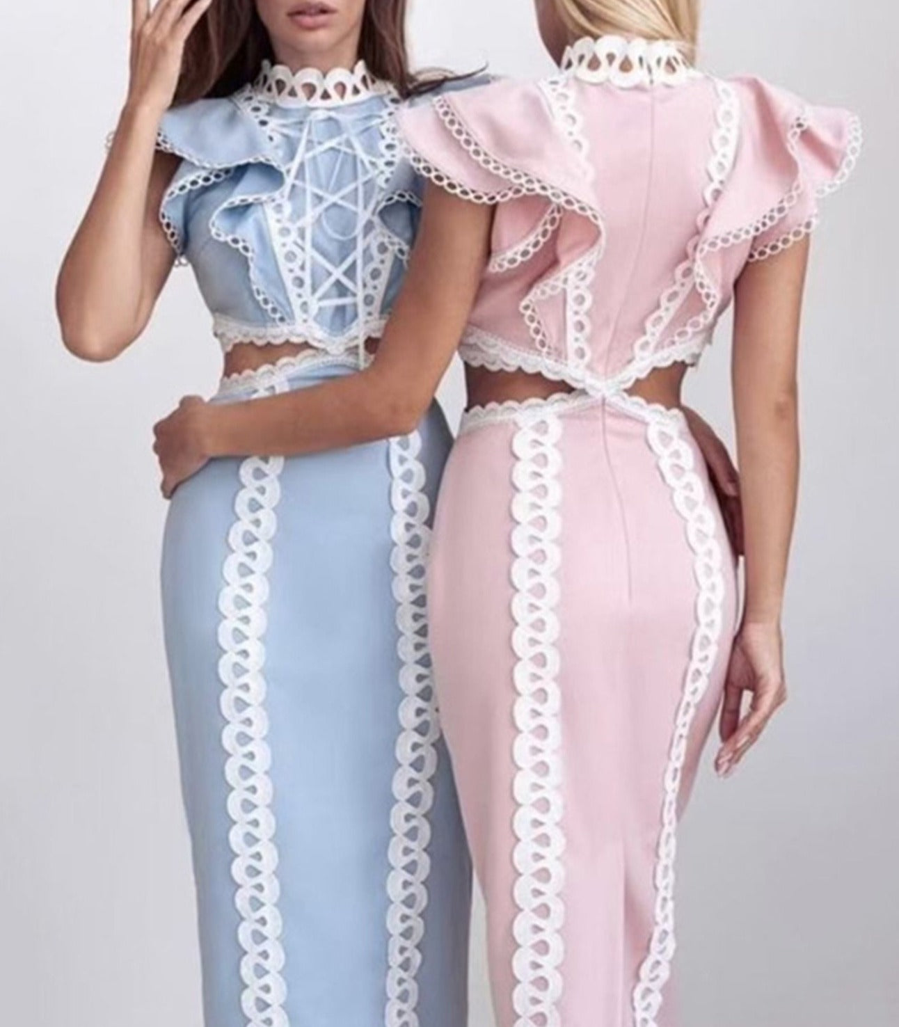 Pink Dress Women Sexy Hollow Out Lace Ruffle Bodycon Midi