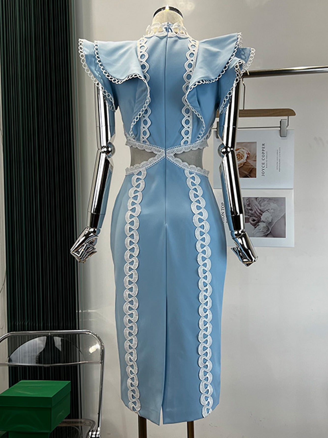 Pink Dress Women Sexy Hollow Out Lace Ruffle Bodycon Midi