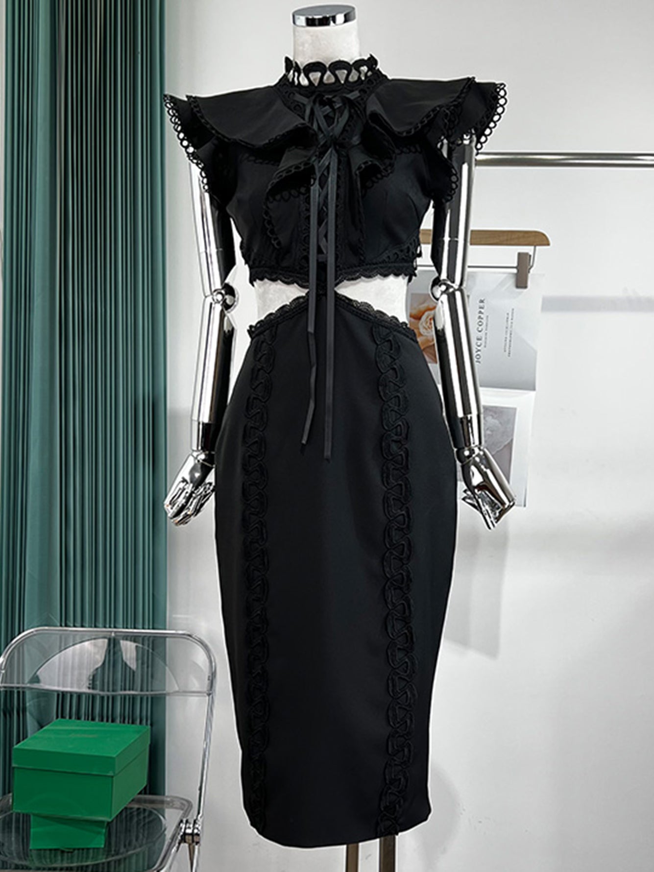 Pink Dress Women Sexy Hollow Out Lace Ruffle Bodycon Midi