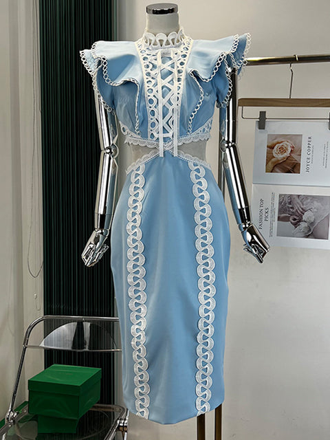 Pink Dress Women Sexy Hollow Out Lace Ruffle Bodycon Midi