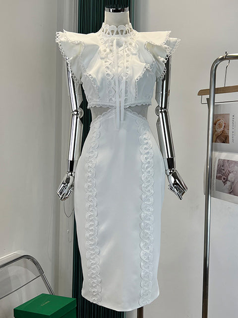 Pink Dress Women Sexy Hollow Out Lace Ruffle Bodycon Midi