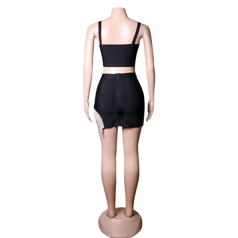 Backless Diamonds Crystal Tassel Black Mini Bandage Set
