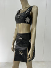 Load image into Gallery viewer, Tank Split Crystal Beading Faux Leanther Black Bodycon Mini Set
