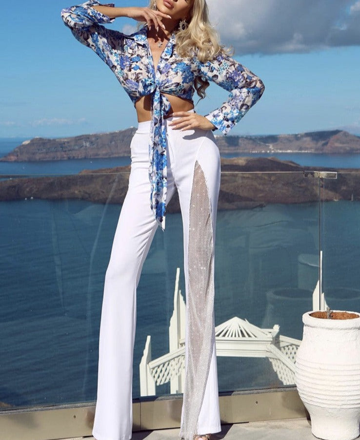 Sexy Black Red White Crystal Dianonds Flare Bandage Pants