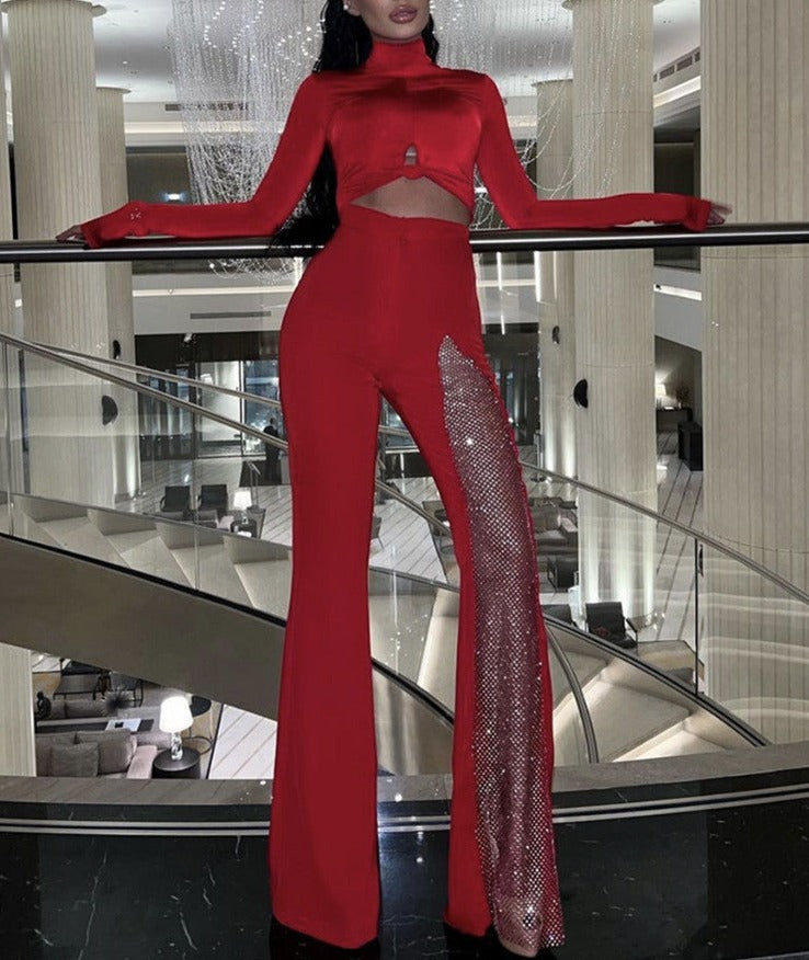 Sexy Black Red White Crystal Dianonds Flare Bandage Pants