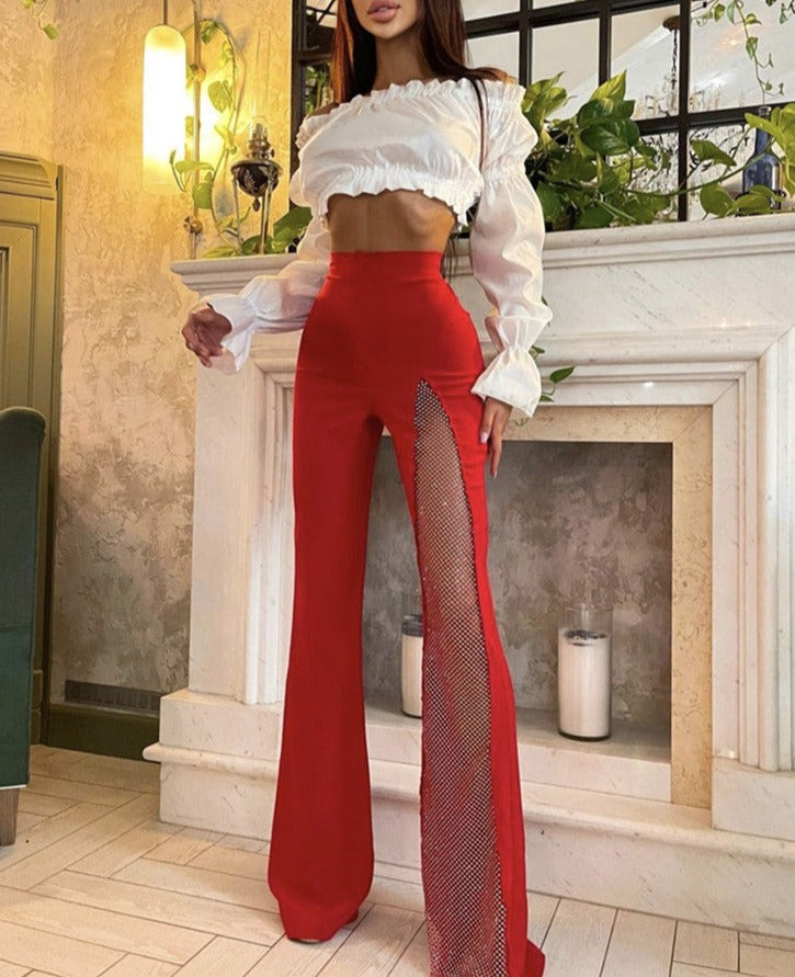 Sexy Black Red White Crystal Dianonds Flare Bandage Pants