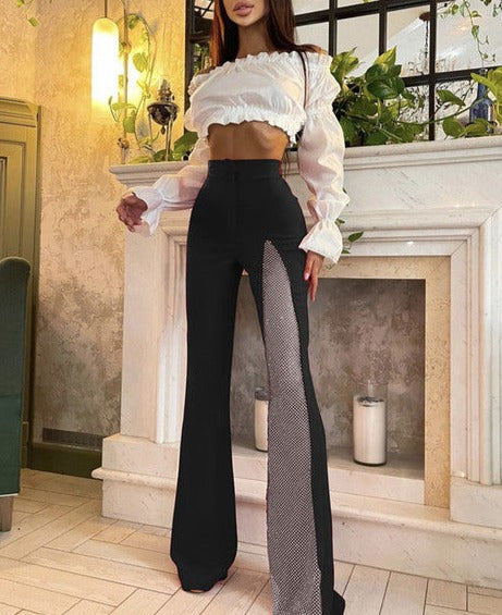 Sexy Black Red White Crystal Dianonds Flare Bandage Pants