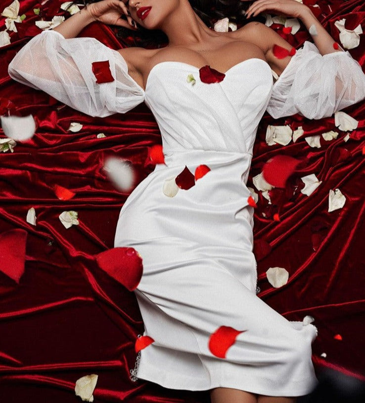 Sexy Off Shoulder Puff Sleeve Tassel Crystal White Midi Dress