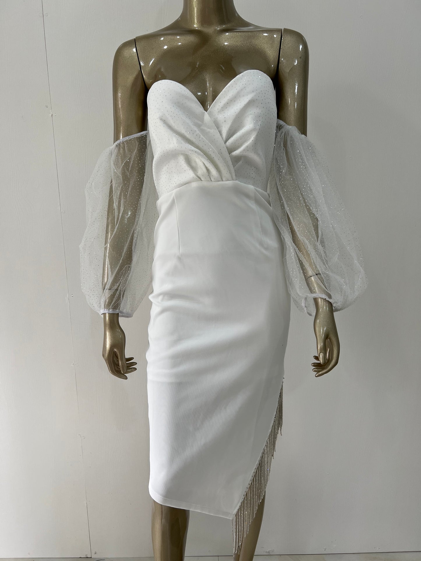 Sexy Off Shoulder Puff Sleeve Tassel Crystal White Midi Dress