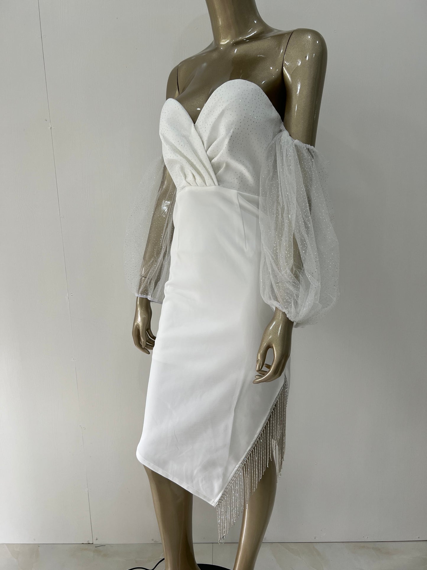 Sexy Off Shoulder Puff Sleeve Tassel Crystal White Midi Dress