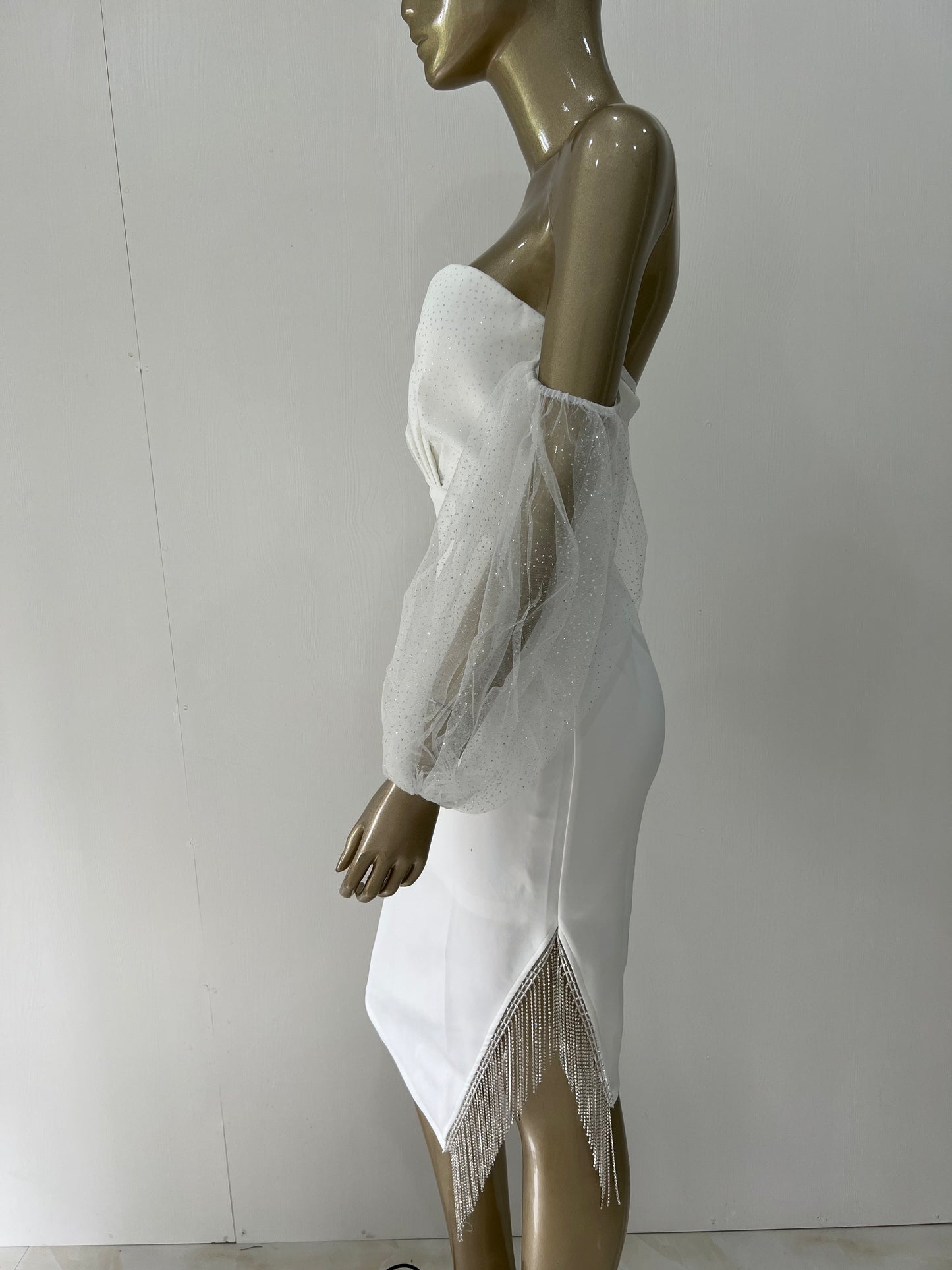 Sexy Off Shoulder Puff Sleeve Tassel Crystal White Midi Dress