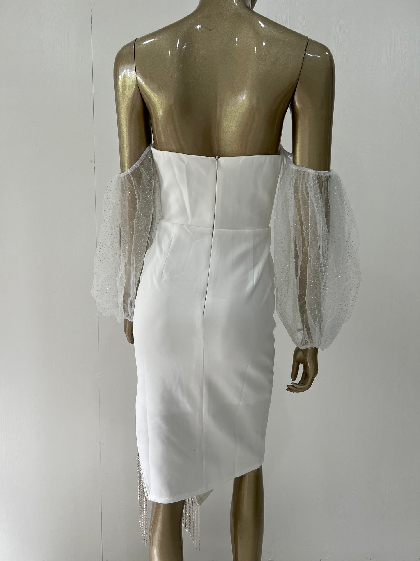Sexy Off Shoulder Puff Sleeve Tassel Crystal White Midi Dress