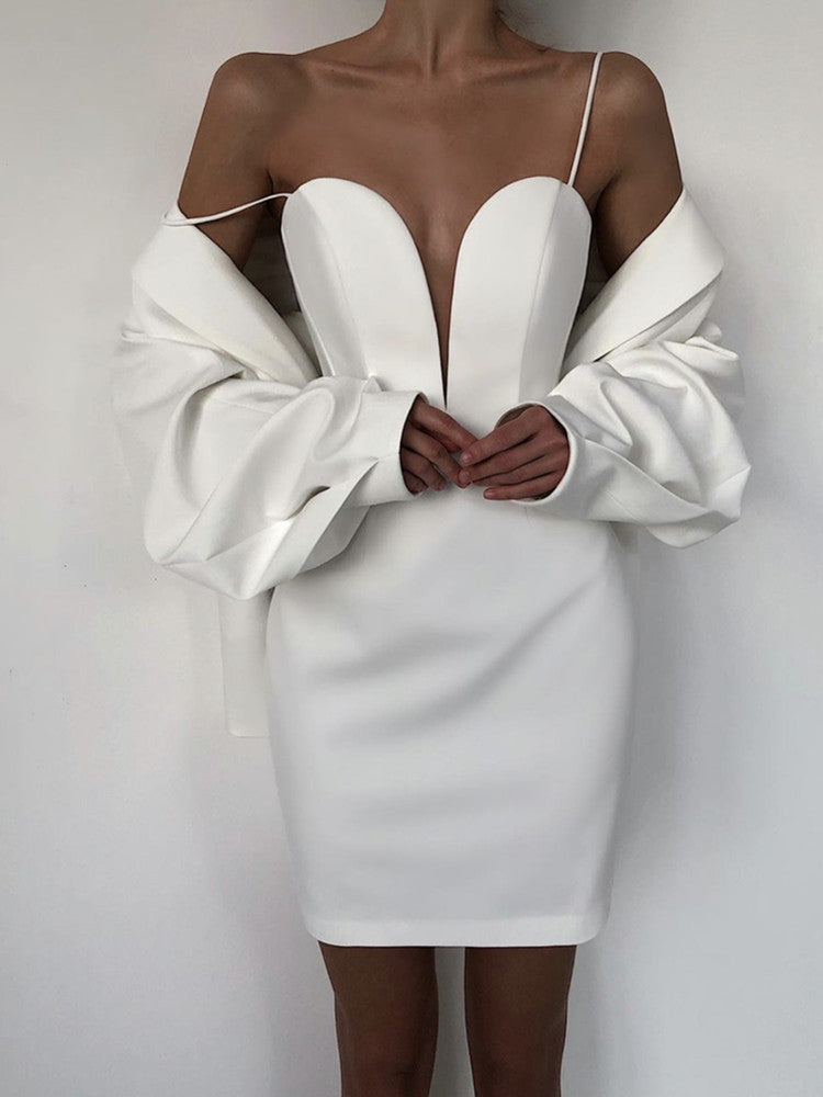 Sexy Sleeveless Backless V Neck White Mesh Mini Dress