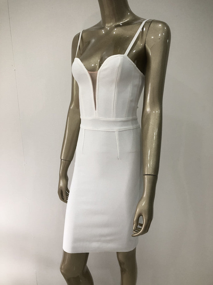 Sexy Sleeveless Backless V Neck White Mesh Mini Dress