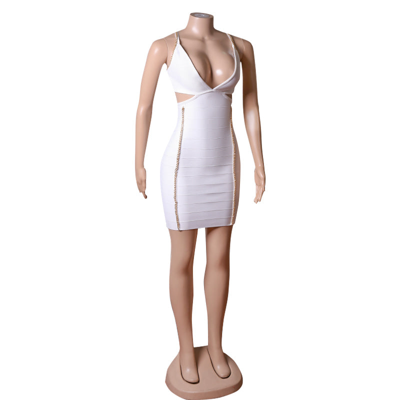 Sexy V Neck Hollow Out Backless Black White Chain Bandage Dress