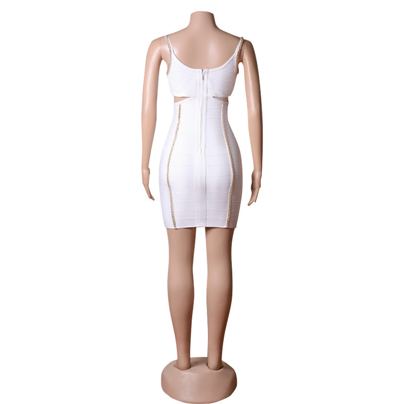 Sexy V Neck Hollow Out Backless Black White Chain Bandage Dress