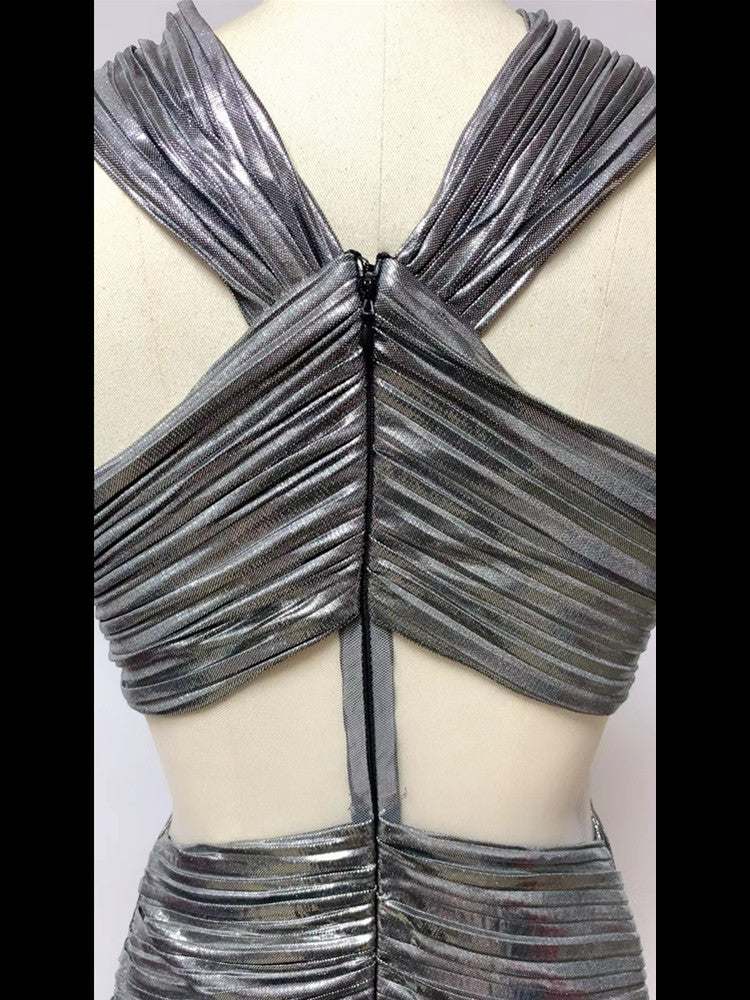 Silver Color Women Sleeveless Haler Floor-Length Dress