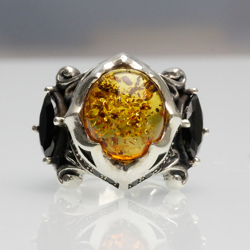 Genuine natural amber ring Silver
