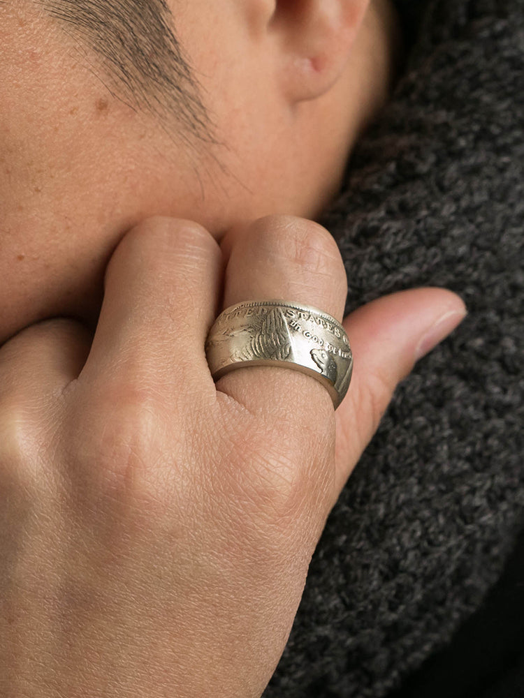 S925 Ancient Silver Coin Ring Men New Trend