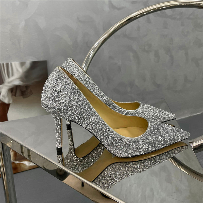 グリッターインレイパールデザインレディースパーティーハイヒール
