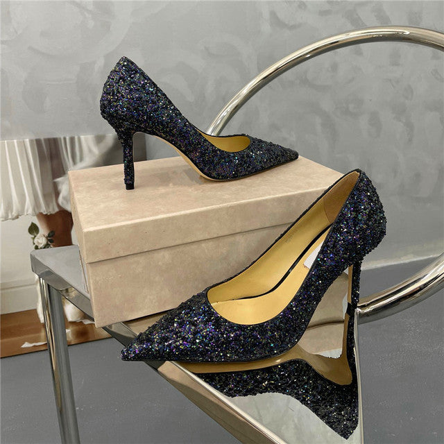 グリッターインレイパールデザインレディースパーティーハイヒール